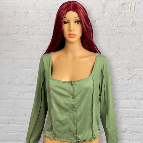 Button Front Lettuce Hem Shirt
