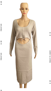 Gathered Front Cutout Long Sleeve Rib Midi Dress