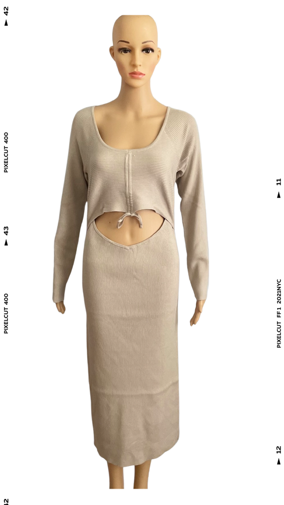 Gathered Front Cutout Long Sleeve Rib Midi Dress
