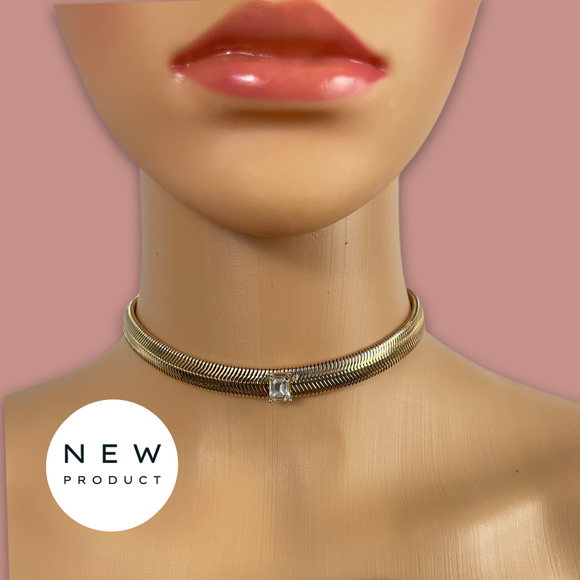Stone Inset Herringbone Choker Necklace